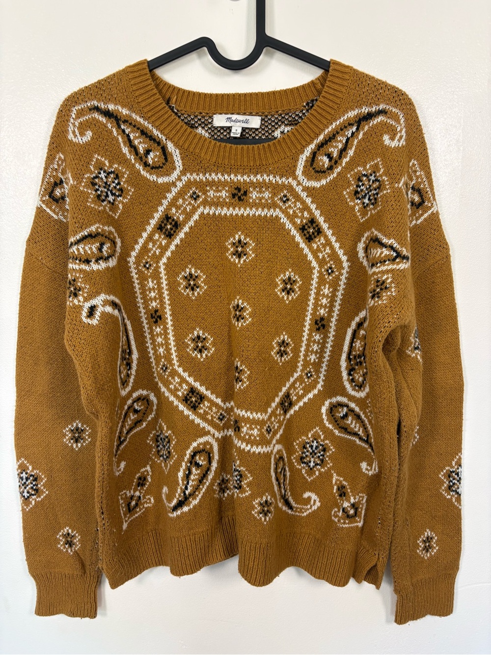 Madewell Bandana Pullover Sweater Mustard Camel Paisley Crew Neck Size S